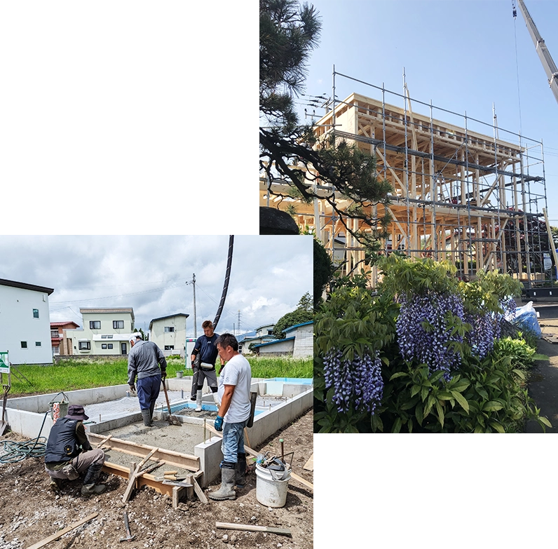 戸建ての基礎をつくる地元の職人、藤の花と建設中の木造戸建て